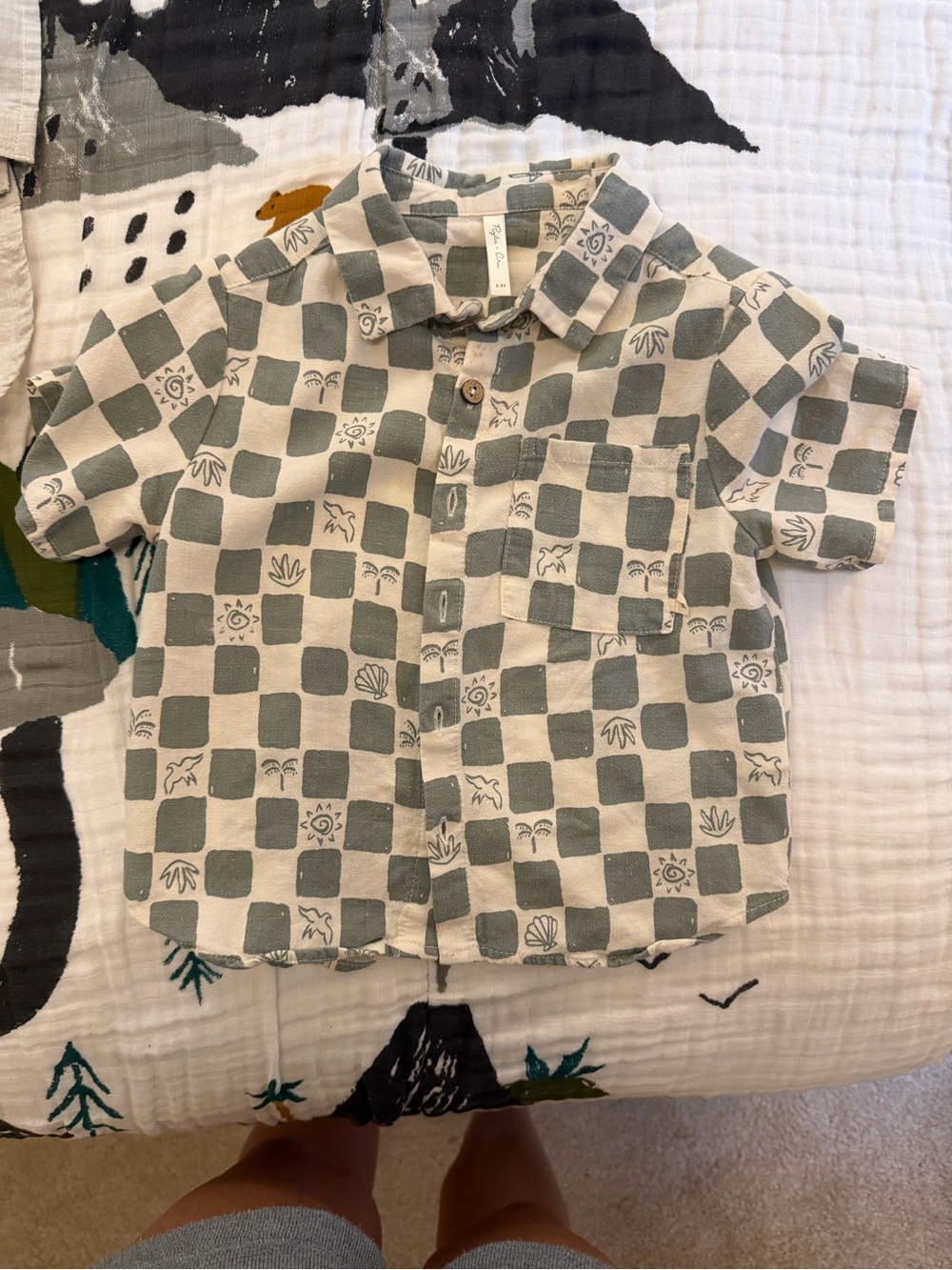 Rylee + Cru Green and Cream Checker Short-Sleeve Button-Up